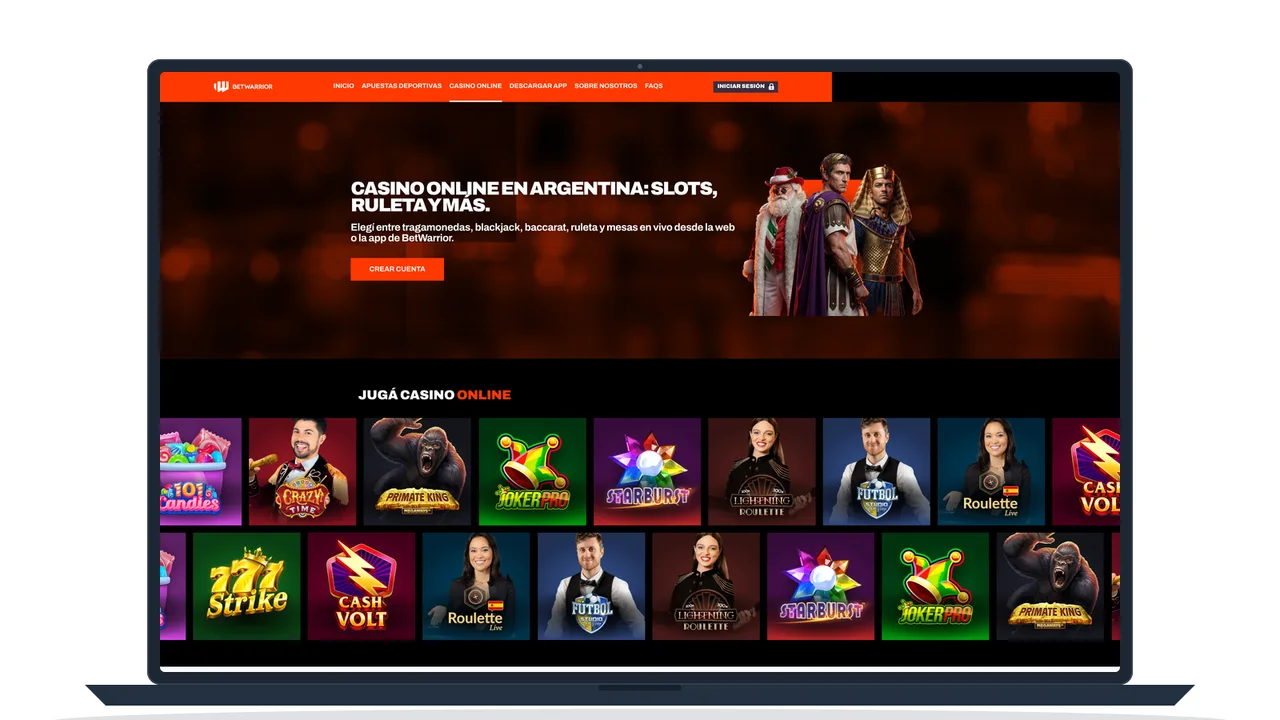 Página de casino online argentino en pantalla de notebook, con la sección de tragamonedas y la barra superior de navegación