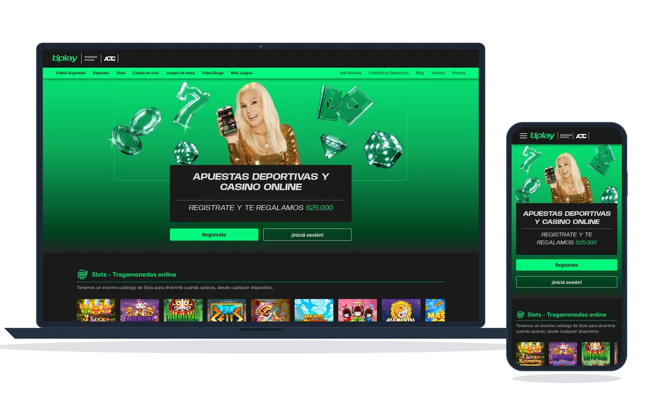 Portada de un casino online argentino habilitado, con la barra de categorías y los botones para registrarse o iniciar sesión, en computadora y celular
