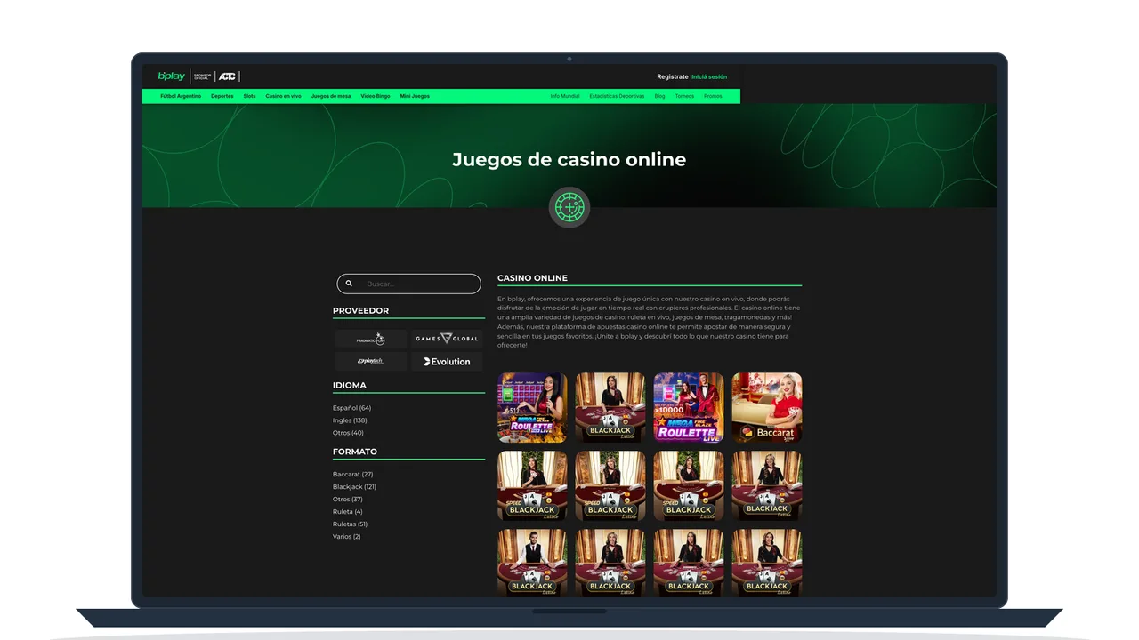 Catálogo de juegos de casino online en español, con filtros por proveedor e idioma, en pantalla de notebook