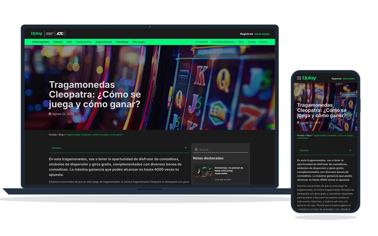 Página de una tragamonedas en un casino argentino, con la explicación del juego, en notebook y celular