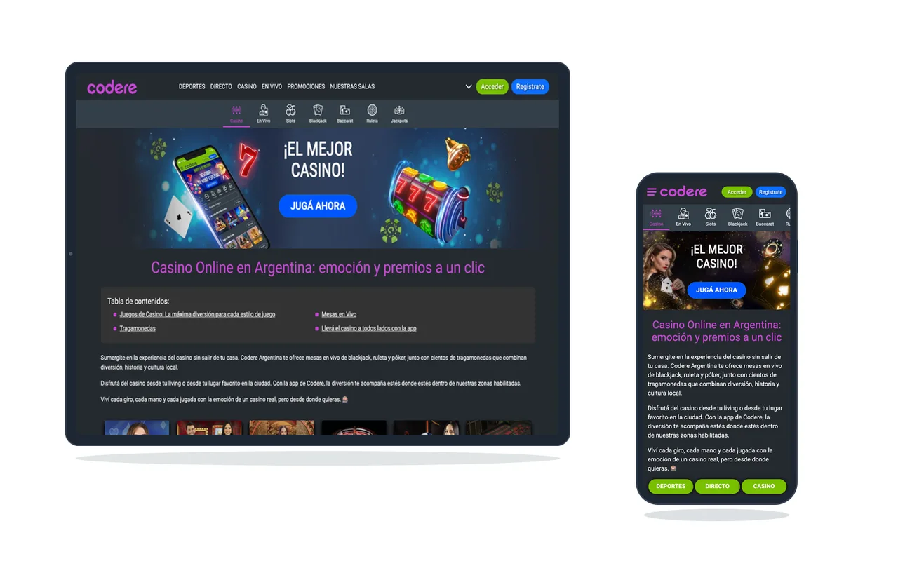 Lobby de casino online en español argentino visto en tablet y celular, con el menú de secciones y los juegos destacados
