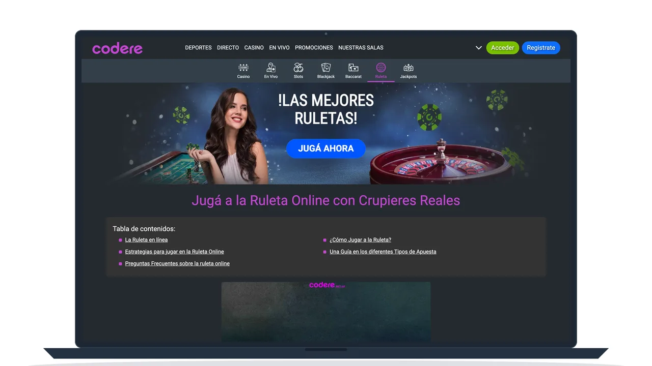 Sección de ruleta online de un casino argentino en pantalla de notebook, con mesas de crupier en vivo